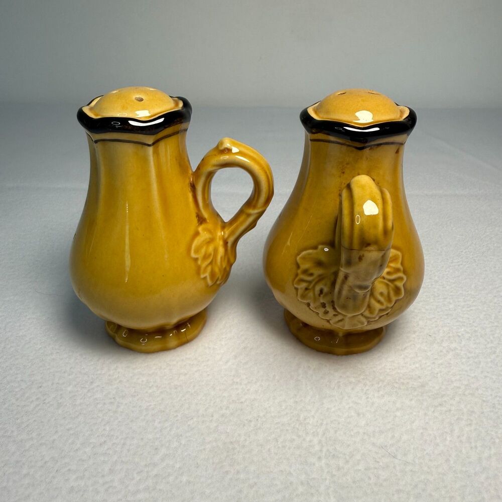 Metlox Vintage Mustard Yellow Ceramic Pitcher Salt and Pepper Shakers Brown Trim